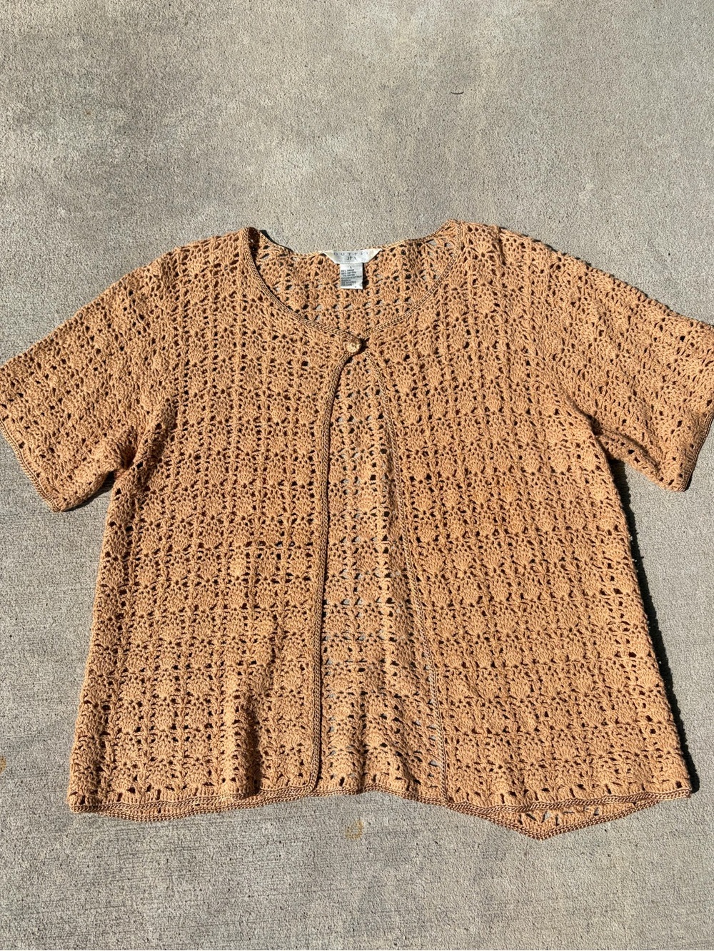 Vintage 90s Outfit JPR crochet knit gold tan boho short sleeve sweater cardigan